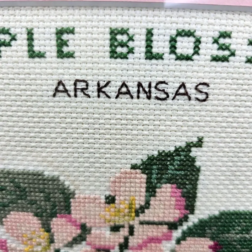 Apple Blossom Arkansas Cross Stitch Framed Wall Art 13x11 Pink Mat White Frame